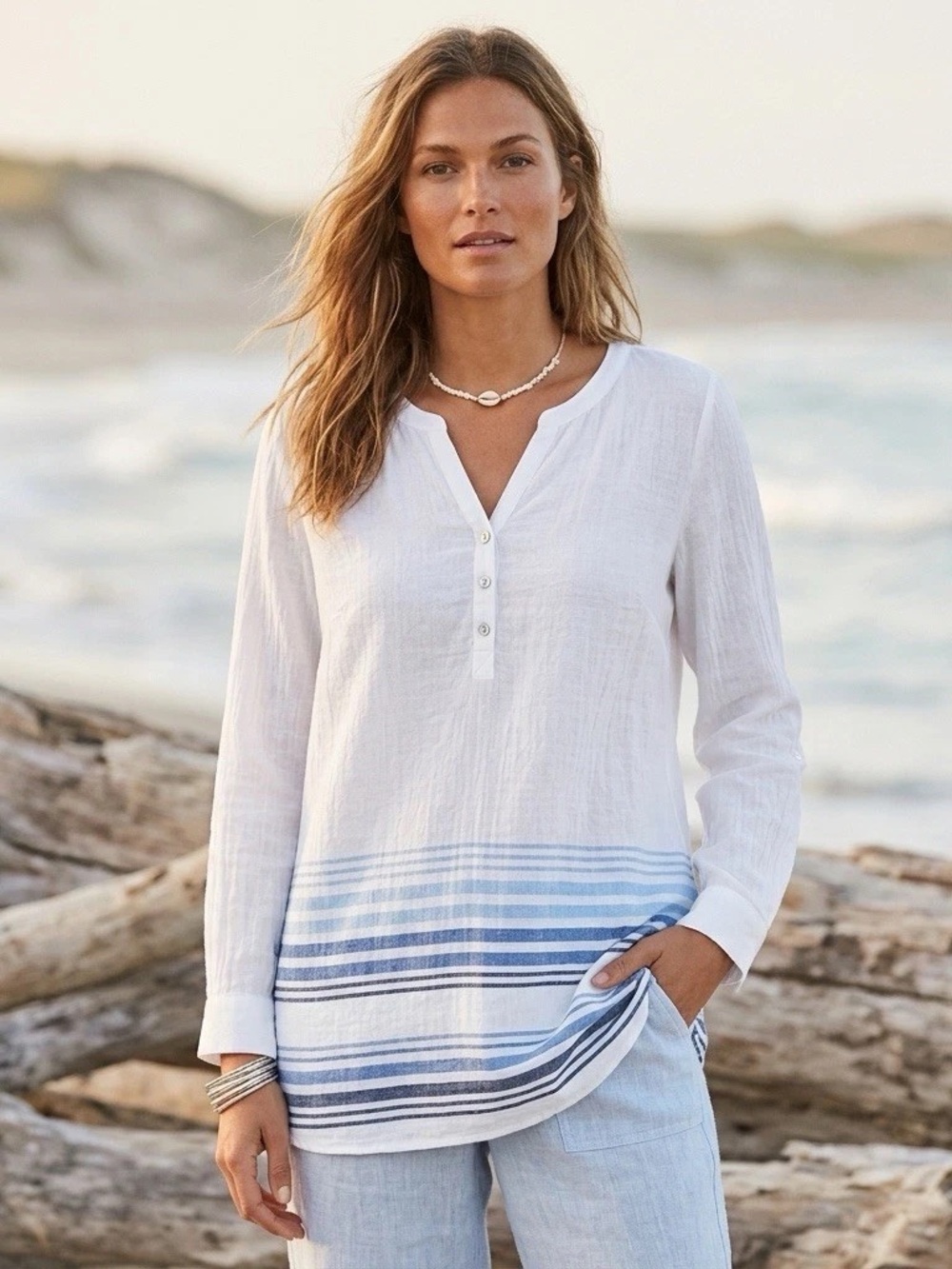 J Jill Linen Blend Striped Border Pintuck Tunic Cover-up